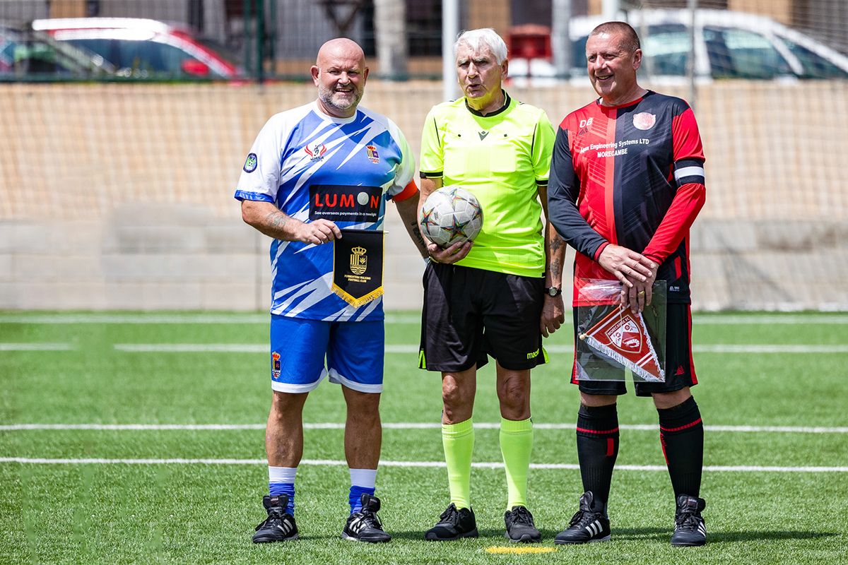 Captain (me) with the Captain of Morecambe Walking Football Club and MD at Aqua Engineering, David Brayshaw pictured with the captian of the Formentara team, Lee Biddles