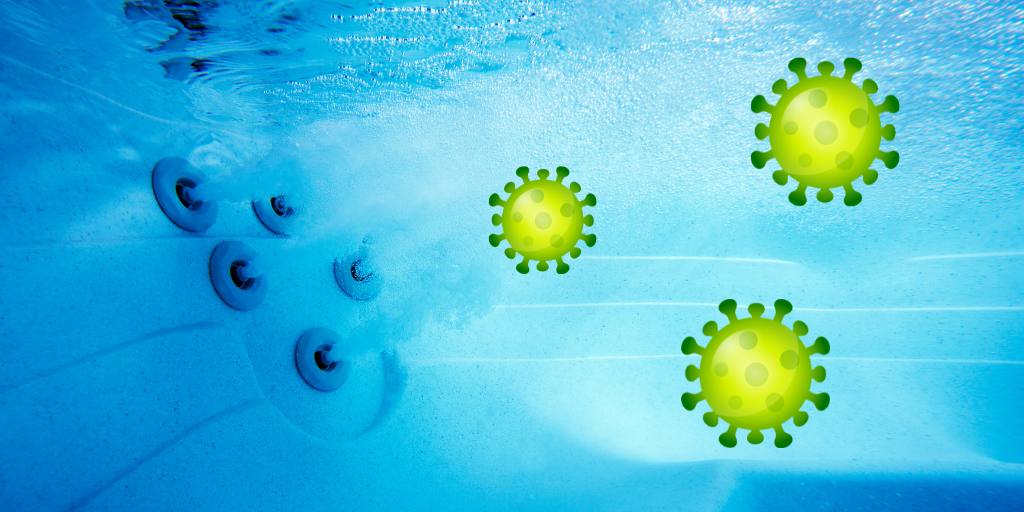 An underater shot in a hot tub showing the water jets in action. Illustrations of potential waterborn bacteria are overlayed on the image.