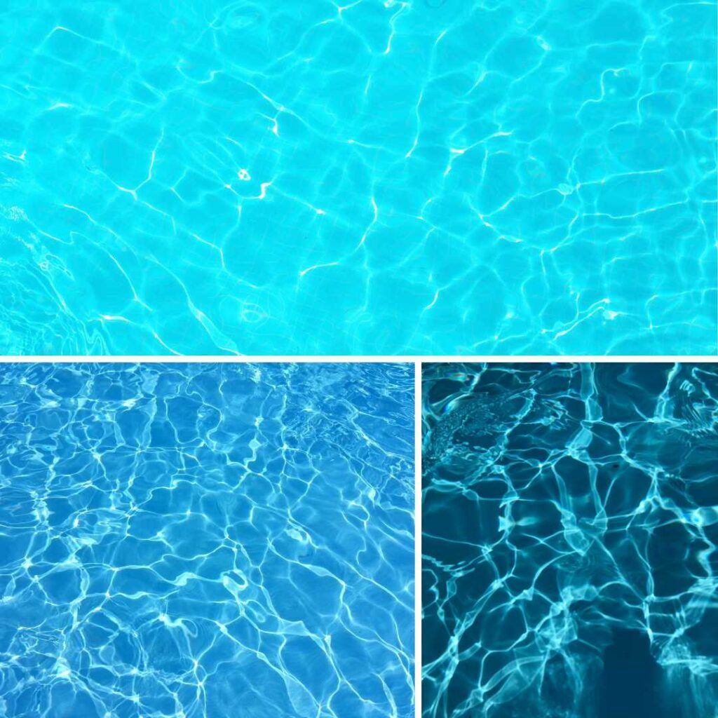 Three aerial images of the water in swimming pools in varying shades of vibrant blue