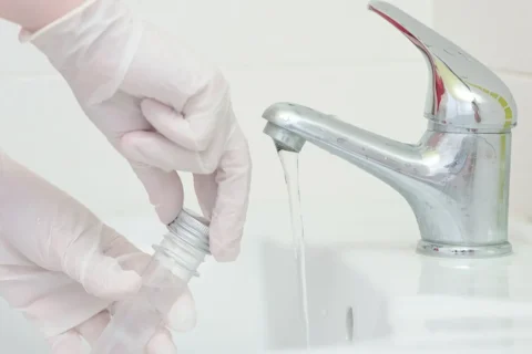 Close up of latext gloved hand collecting a water sample from a tap for legionella testing