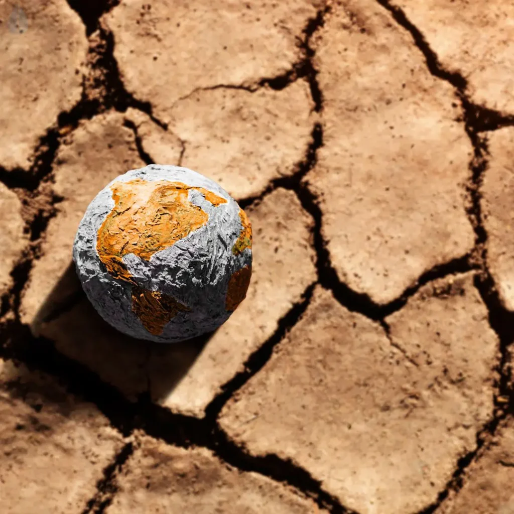 A model of the earth laying on dry, cracked ground.