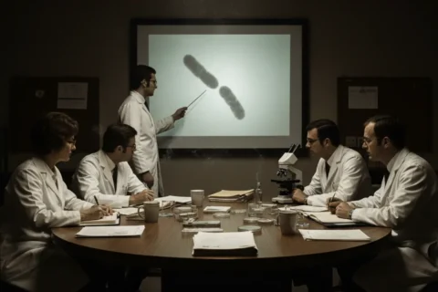 A group of five scientists and public health officials, dressed in lab coats, are seated around a conference table in a dimly lit room. One man stands at the head of the table, using a pointer to gesture toward a large projected image of a microscopic bacteria, likely the Legionella organism. The others are taking notes and observing with serious, focused expressions. The scene evokes a feeling of intense scientific investigation from the mid-20th century.