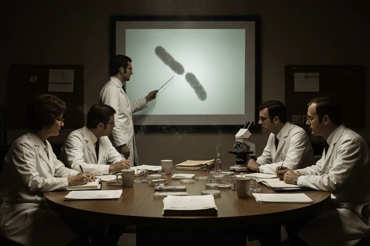 A group of five scientists and public health officials, dressed in lab coats, are seated around a conference table in a dimly lit room. One man stands at the head of the table, using a pointer to gesture toward a large projected image of a microscopic bacteria, likely the Legionella organism. The others are taking notes and observing with serious, focused expressions. The scene evokes a feeling of intense scientific investigation from the mid-20th century.
